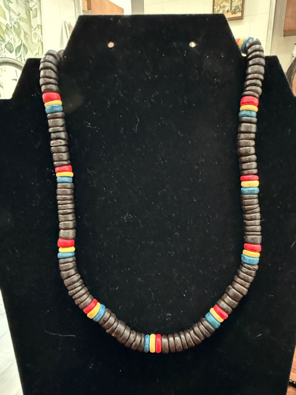 UNISEX Black Bead Necklace with Red, Blue & Yellow Accents